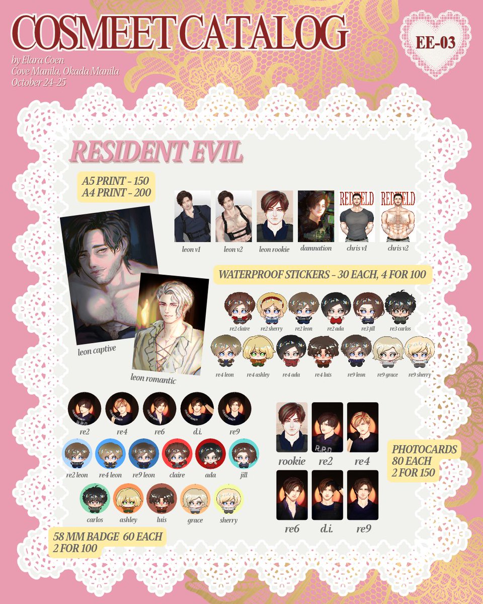 elara_coen's tweet photo. late upload but here's my catalog for this weekend's @CosplayManiaPH CosMeet! DM for pre-orders and see you there! I'll be at table EE-03
(1/2)
Fandoms:
- Resident Evil
- Love and Deepspace
- Vocaloid
- Tears of Themis
- Genshin Impact
- Honkai Star Rail
#cosplayph #cosmeet2026 https://t.co/pDr3jkoY5N