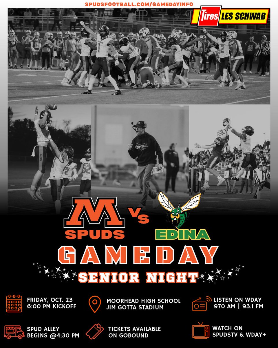 MHDspudFootball's tweet photo. SPUD GAME DAY | SENIOR NIGHT!
π 6:00 PM | MHS
π₯ Spuds vs Edina
@EHSHornetsFB
π² Game day info + links: https://t.co/OFbGNaXEeY
π A BIG THANK YOU to Les Schwab Tires for supporting Spuds Football!
Go Spuds!π§‘π€
#SpudFootball #GoSpuds #SeniorNight #Gameday #FindAWay #BTB https://t.co/8wJYSjOrWZ