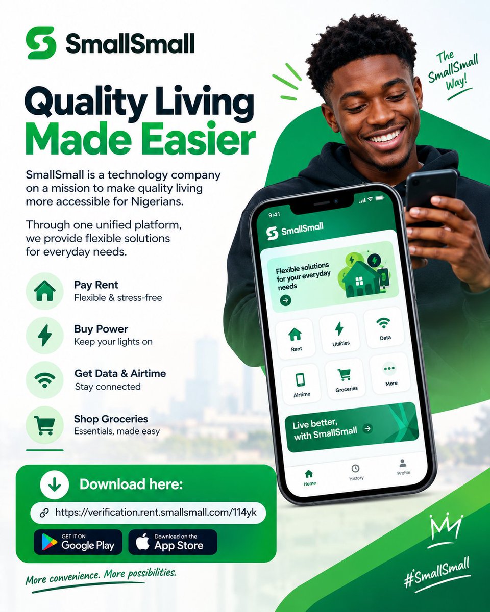 Prince_max12's tweet photo. Ready to make quality living more accessible? 🏡✨ Explore flexible solutions with SmallSmall and take the next step toward easier living.

Download here: https://t.co/TMY80wR6q5

#PaySmallSmall @smallsmallhq @rentsmallsmall https://t.co/oKhMb9MIjb