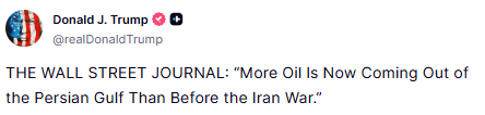 GuntherEagleman's tweet photo. 🚨 HUGE: The Wall Street Journal now says MORE oil is coming out of the Persian Gulf than before the Iran war.

Ship-tracking data from Kpler shows Middle East flows averaged over 24 MILLION barrels a day last week, compared with 23.3 million before the war.

Iran tried to choke the world's oil supply. The world went around them.

Iran's own exports are still choked by the U.S. blockade.

Iran is losing the oil war.