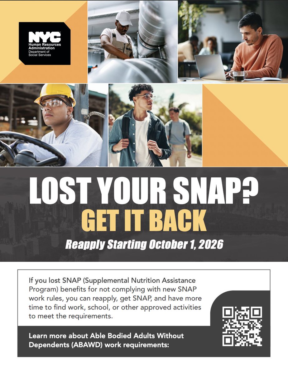 BronxWorks's tweet photo. Did you lose benefits due to the new SNAP work requirements? You can now reapply! You will have more time to find work, school, or other approved activities to meet requirements. Learn more at https://t.co/sRcpWbNy4C. #NYCDSSCares https://t.co/IuMVDi5BSt
