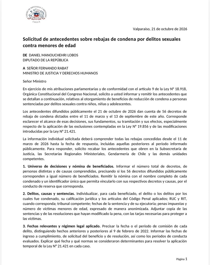danimanouchehri's tweet photo. Este es un Gobierno empático con los victimarios, no con las víctimas. Las 56 rebajas de condena por violación y abuso sexual de niños otorgadas por el Gobierno de Kast son una muestra.

Hemos oficiado para conocer los nombres de los beneficiados y saber si hubo irregularidades o si alguien consiguió una rebaja gracias a un favor político. Que el Gobierno entregue los nombres y explique cada caso.

Tenemos la convicción de que quien ha violado a un niño o cometido un crimen de lesa humanidad debe morir en la cárcel.