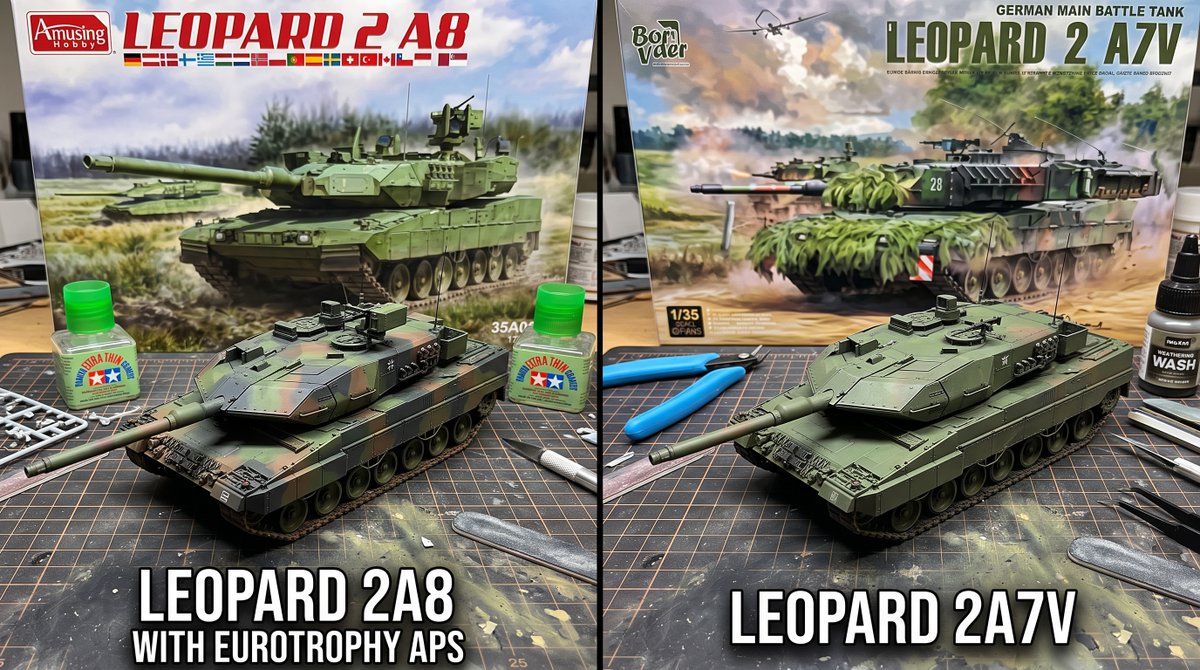 HobbyZERO1's tweet photo. Leopard 2A8 vs. Leopard 2A7V: How do you spot the EuroTrophy APS radar upgrades, top-attack roof armor, and 20 kW APU changes—and which 1/35 scale kit wins on the workbench? 🛡️🛠️

🔗 https://t.co/A6AFty8zp6

#Leopard2 #scalemodeling #135scale #tamiya #tanks #hobbyzero https://t.co/7eHRuTLlXQ