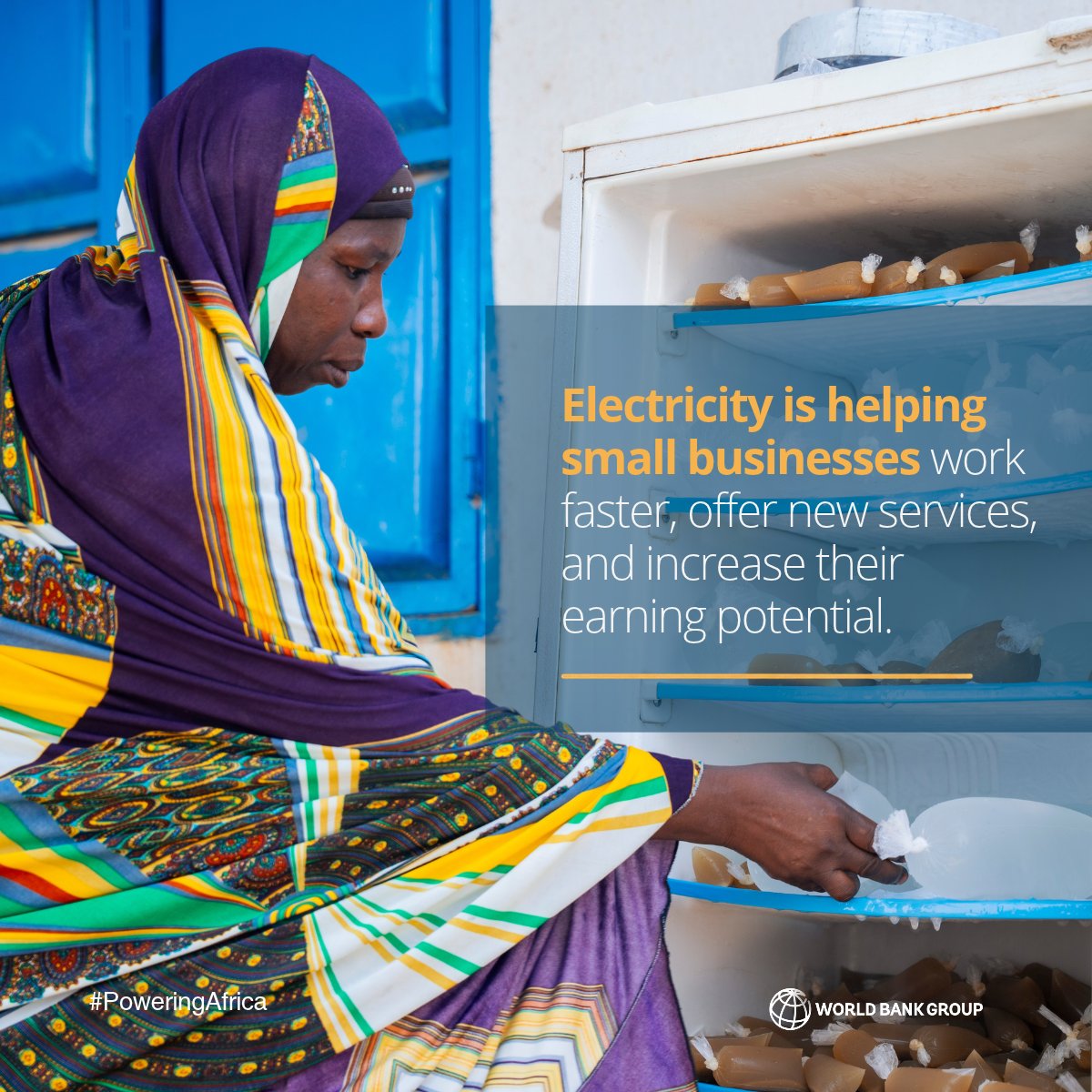 WorldBankGroup's tweet photo. 💡 Electricity is opening new ways to earn.

 In #Niger, Saoude can now sell cold drinks, ice, and frozen treats from home, alongside her bean paste business.

Read what’s possible when #PoweringAfrica: https://t.co/aZyWePduAx #Mission300 https://t.co/uDOw9WVuji