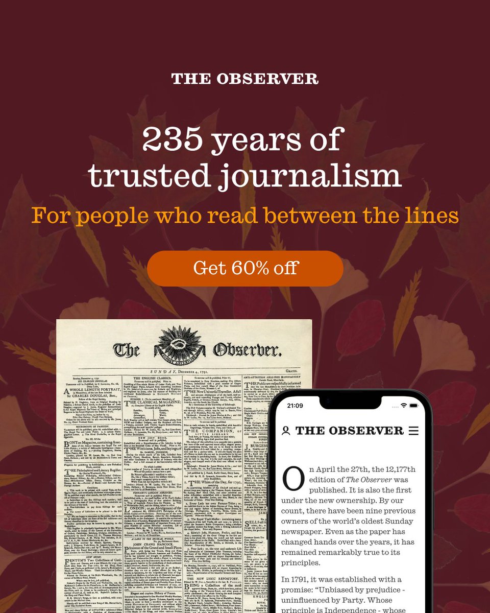 ObserverUK's tweet photo. Subscribe to the Observer with our limited time offer. 60% off an annual subscription, with access to top-rated shows from The Observer and original, trusted journalism

https://t.co/NNFTZoTA7E https://t.co/c8hawreQVS