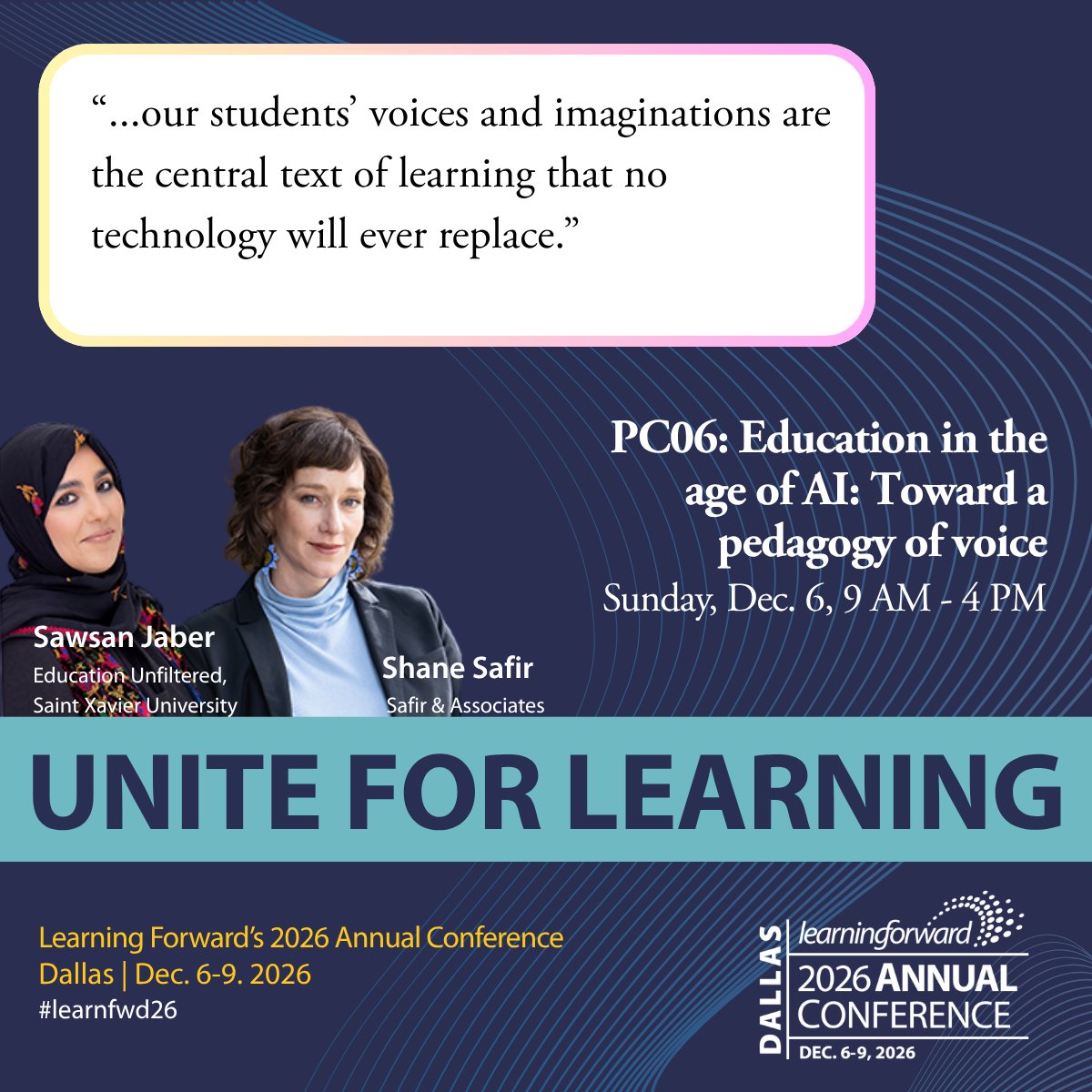 LearningForward's tweet photo. Education in the age of AI: Toward a pedagogy of voice
https://t.co/Q0hjc7nGBv

Here is something worth sitting with: AI cannot generate anything beyond the human imagination. It has no ingenuity of its own. Shane Safir and Sawsan Jaber's new blog makes the case that the most important work educators can do right now is protect and grow what AI cannot replicate: human creativity, critical thinking, and the power of a young person finding their voice. Join them for both a Thought Leader session and preconference session PC06 at the Learning Forward Annual Conference, Dec. 6 in Dallas.

#learnfwd26 #ProfessionalLearning