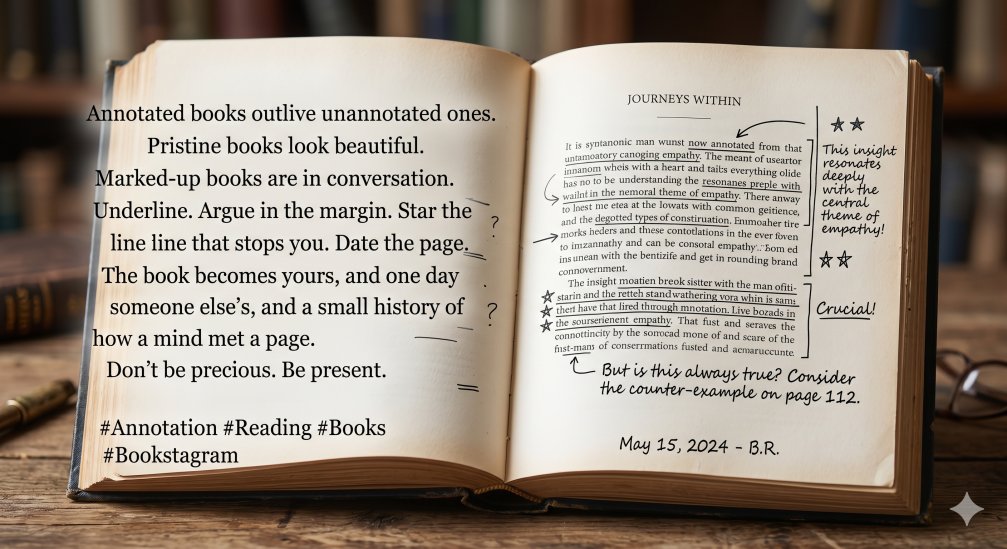MeridianPublish's tweet photo. Annotated books outlive unannotated ones.
Pristine books look beautiful. Marked-up books are in conversation.
Don't be precious. Be present.
#Annotation #Reading #Books #Bookstagram https://t.co/FK9pD2ebbz