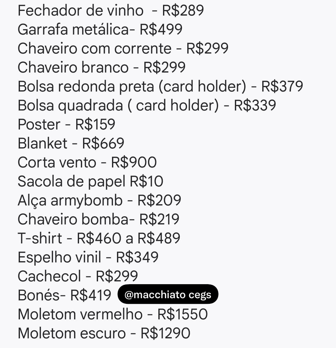 macchiatocegs's tweet photo. VALORES ATUALIZADOS DOS ITENS DA POP - UP BTS NO BRASIL!

Saiba mais informações pela nossa comunidade no WhatsApp:
https://t.co/3DExiQ5BF0 https://t.co/2bXReSwf6z