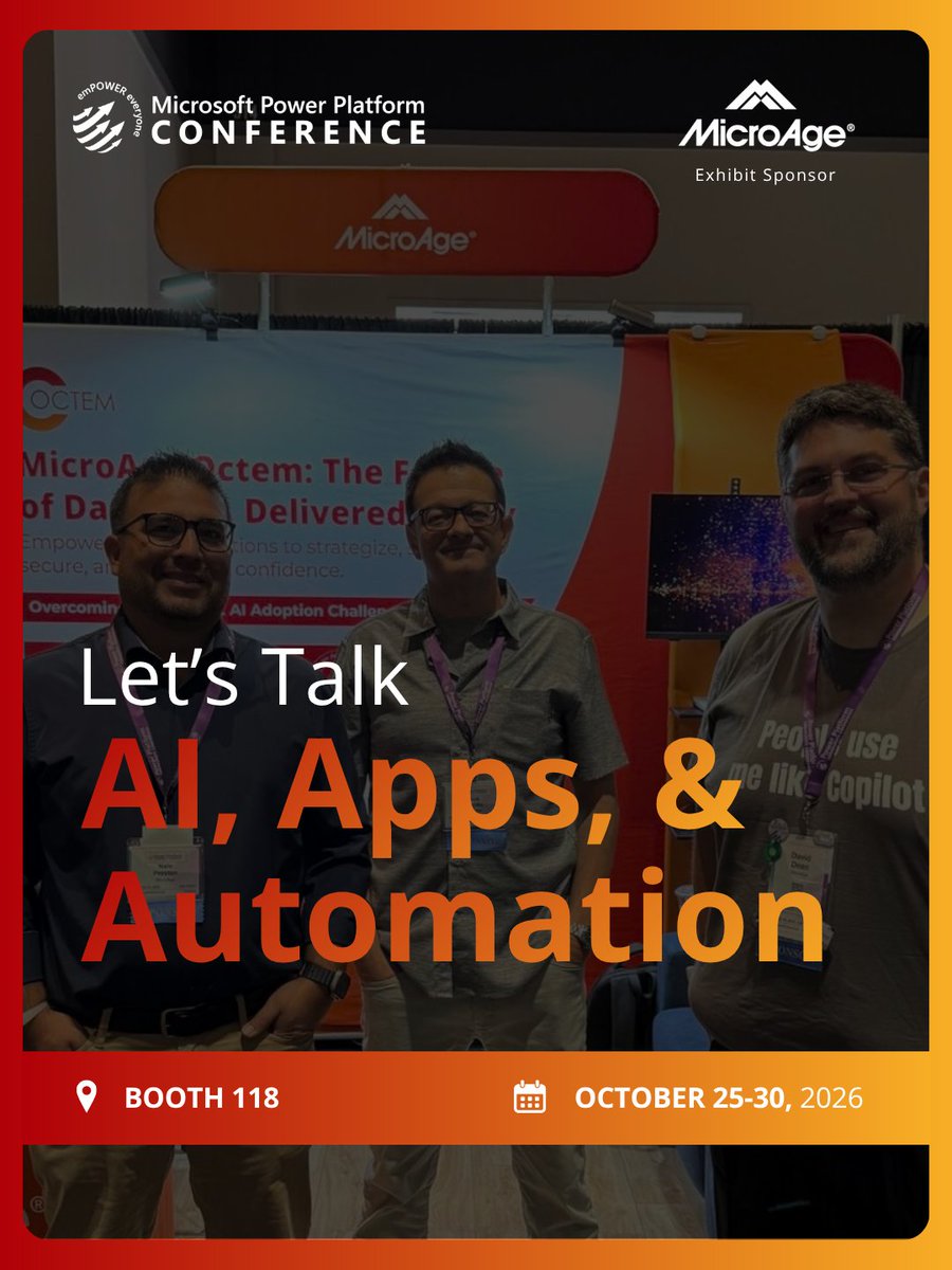 MicroAge's tweet photo. Heading to #PPCC26 next week? We’ll see you in Las Vegas!

Stop by MicroAge booth #118 to meet our team and talk Power Platform, AI, automation, Copilot Studio, and more.

📅 Oct. 27–29 | MGM Grand

#PowerPlatform #Microsoft #CopilotStudio #MicroAge https://t.co/uDaqmvInoc