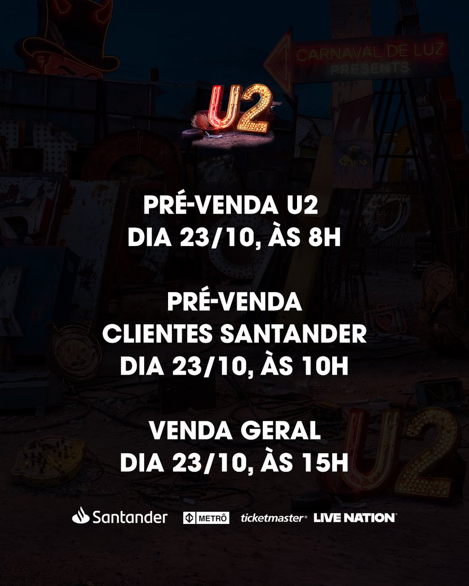LiveNationBR's tweet photo. Devido à alta demanda, uma data extra para U2: The Greatest Show On Earth World Tour foi adicionada! Dia 14 de março de 2027, no Estádio MorumBIS!
Garanta seu ingresso na pré-venda Santander amanhã, dia 23 de outubro, das 10h. Vendas gerais partir das 15h na @TicketmasterBR https://t.co/IgJInjBWIh