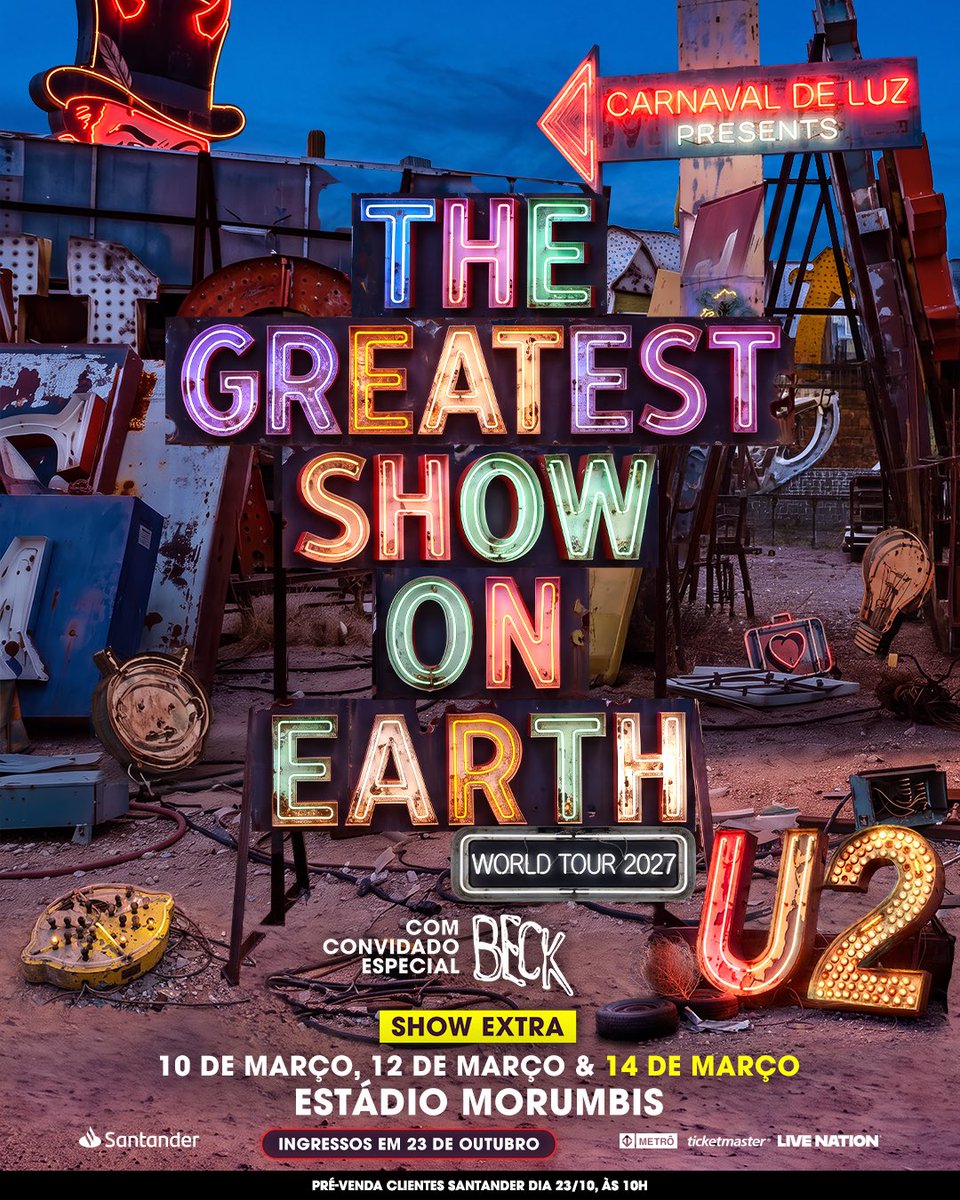 LiveNationBR's tweet photo. Devido à alta demanda, uma data extra para U2: The Greatest Show On Earth World Tour foi adicionada! Dia 14 de março de 2027, no Estádio MorumBIS!
Garanta seu ingresso na pré-venda Santander amanhã, dia 23 de outubro, das 10h. Vendas gerais partir das 15h na @TicketmasterBR https://t.co/IgJInjBWIh