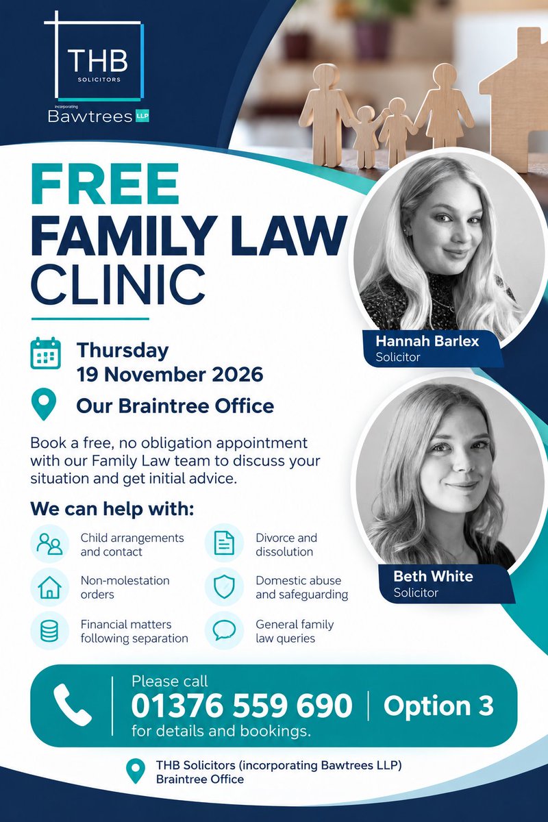 thblegal's tweet photo. Facing a family law matter? THB Solicitors is offering a Free #FamilyLaw Clinic on Thursday, 19 November at our Braintree office. Get expert initial advice on #separation, child contact &amp; financial matters. To book your place call 01376 559 690 https://t.co/gqLwyfIOXF #familylaw https://t.co/mr6VAlBOee