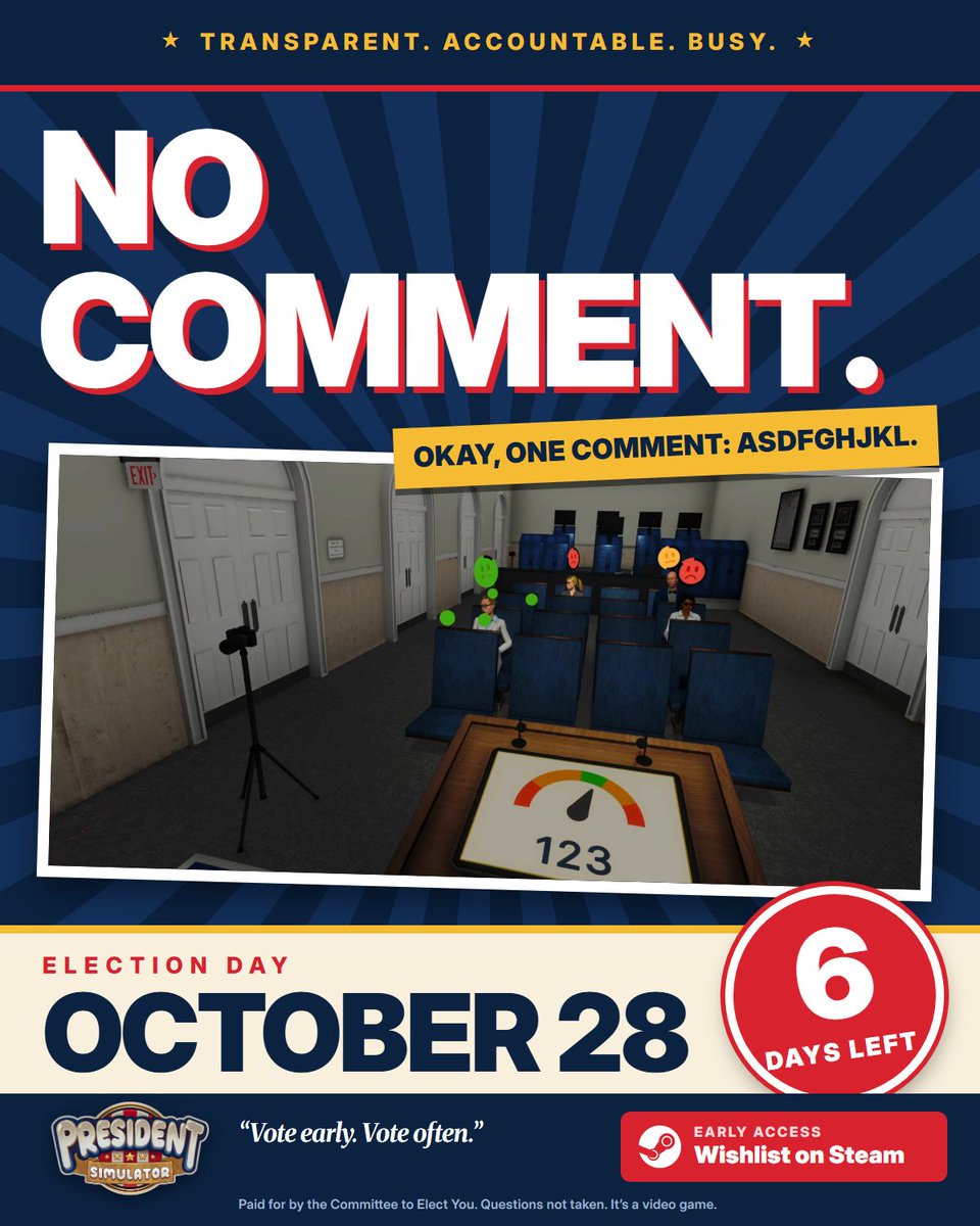 PotusSimGame's tweet photo. Press conference strategy: when the question gets tough, mash the keyboard with confidence. โจ๏ธ
asdfghjkl. Next question.
๐ณ๏ธ 6 days until Election Day. Early Access on October 28.
๐ฎ Wishlist on Steam: https://t.co/ncbd5PW0B9
#PresidentSimulator #indiegame #gaming https://t.co/neecRLuy2A