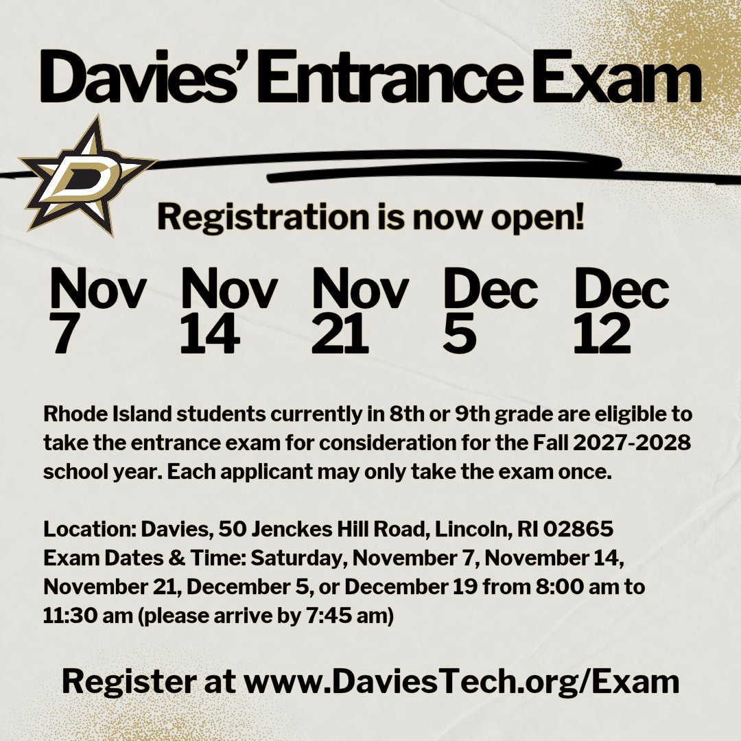 DaviesTechHS's tweet photo. Registration is officially open for the Davies’ Entrance Exam!   https://t.co/3rvkX22haI https://t.co/LcrxbNcQZv