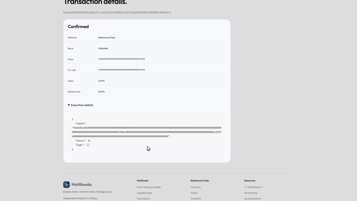 multihooks's tweet photo. Here’s how to inspect a Robinhood transaction in Multihooks 👇
Open network activity, select a transaction, then check its status, block, addresses, value, fee and execution details.
From the activity feed to the details behind it.
https://t.co/zbxo5OO3Ao https://t.co/QWeRzItQli