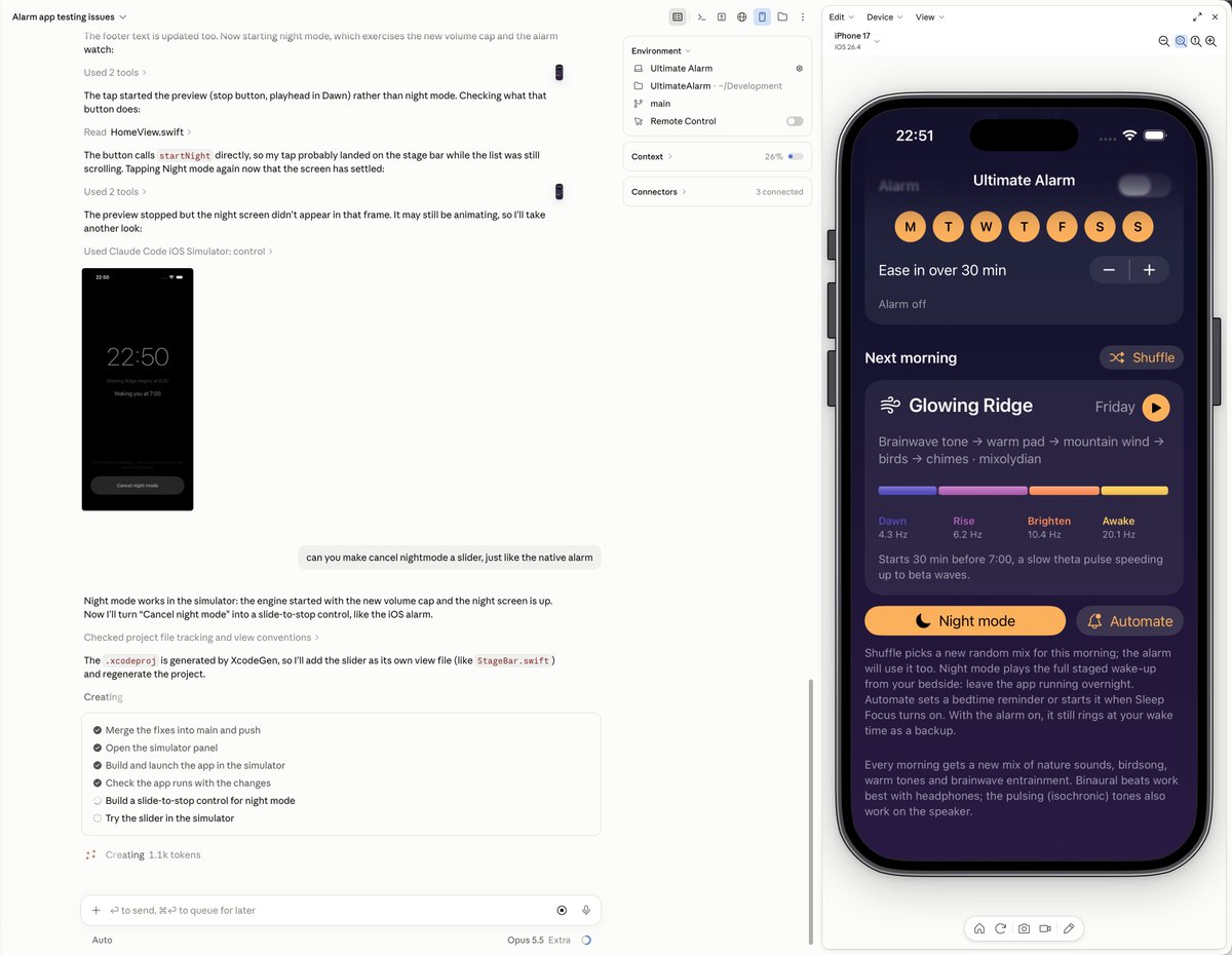 eelcodotdev's tweet photo. Claude now has IOS simulator support, it's really good.

Building a wake up alarm with generative audio. I'm tired of the same wake up sounds every single day. https://t.co/Bs0wVRDJY3