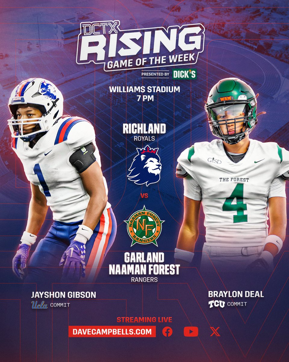 dctf's tweet photo. We've got a good one lined up! 🔥🏈

Richland and Garland Naaman Forest square off in this week's RISING Game of the Week, presented by @DICKS!

🏟️ Williams Stadium
⏰ 7:00 PM
📺 https://t.co/RsmiH67IxU https://t.co/UHsGJDuD5F