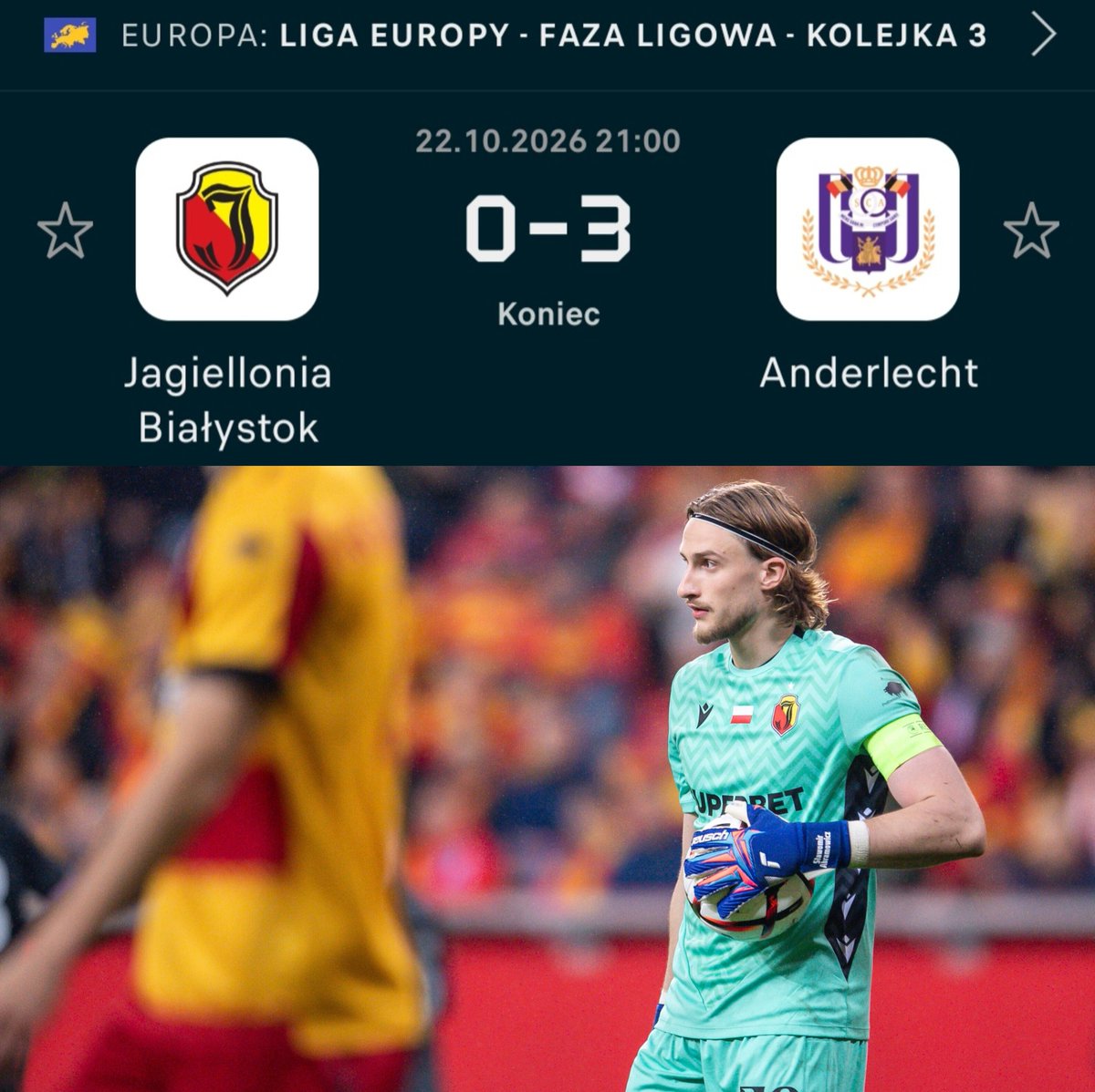Transfery_'s tweet photo. Niestety...

🇵🇱 Jagiellonia Białystok PRZEGRYWA 0-3 z Anderlechtem i po trzech meczach w LE ma na koncie 3 punkty!

Belgowie za mocni dla ekipy Adriana Siemieńca... 😢 https://t.co/bDKoD6z9EU