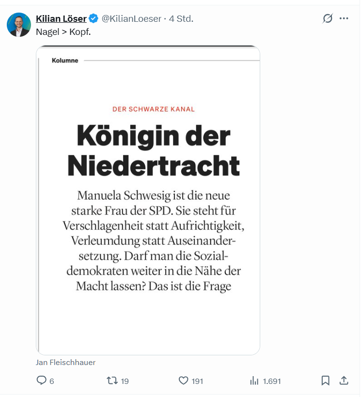 Kurkamp's tweet photo. Das rechtskonservative Lager dreht frei. Die dümmliche bis beleidigende Abarbeitung an Schwesig hat mittlerweile in dem Milieu manische Züge. https://t.co/RbDQnzOr2e