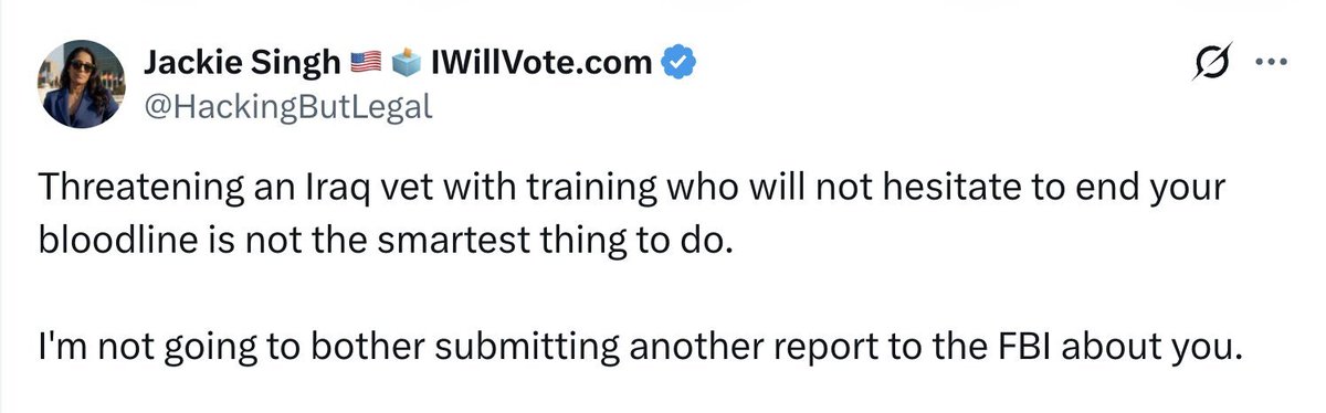 StackEmUpAgain's tweet photo. The dirtbag Private finally blocked me.
Still acting like everyone is making up the fact she was booted as an E- NOTHING after telling folks how she spent her 20s ending bloodlines in the desert of Iraq.
Pffft and callin me a Russian agent sent here to laugh at her on X for being full of shit...🙄😄
