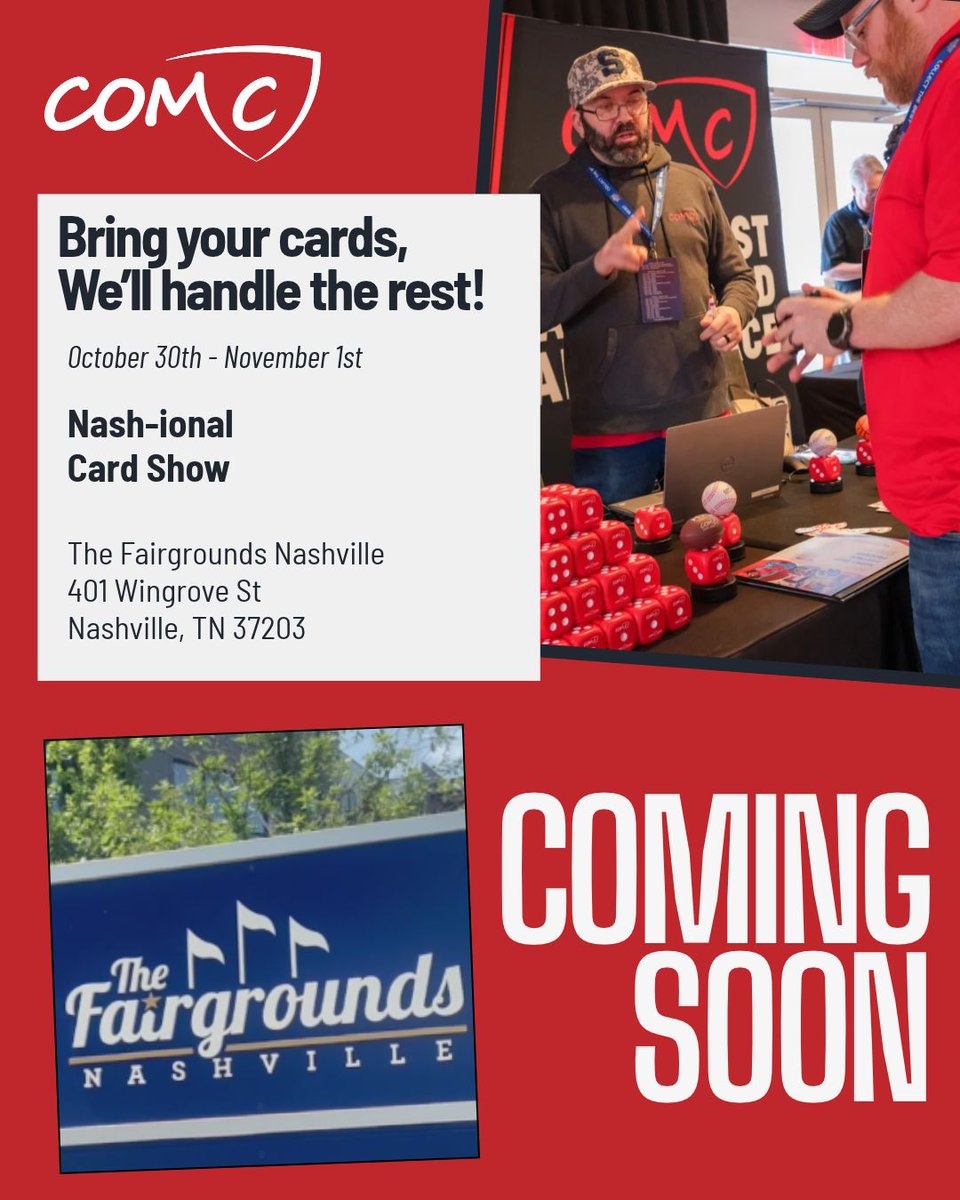 CheckOutMyCards's tweet photo. COMC will be at the Nash-ional Card Show (@nashcardshow) at the The Fairgrounds in Nashville, TN! Stop by our booth to submit your cards on-site and take advantage of all the benefits of selling through COMC!

Check out our show calendar: https://t.co/WDKMwleyrj https://t.co/XJgOL96Bk3