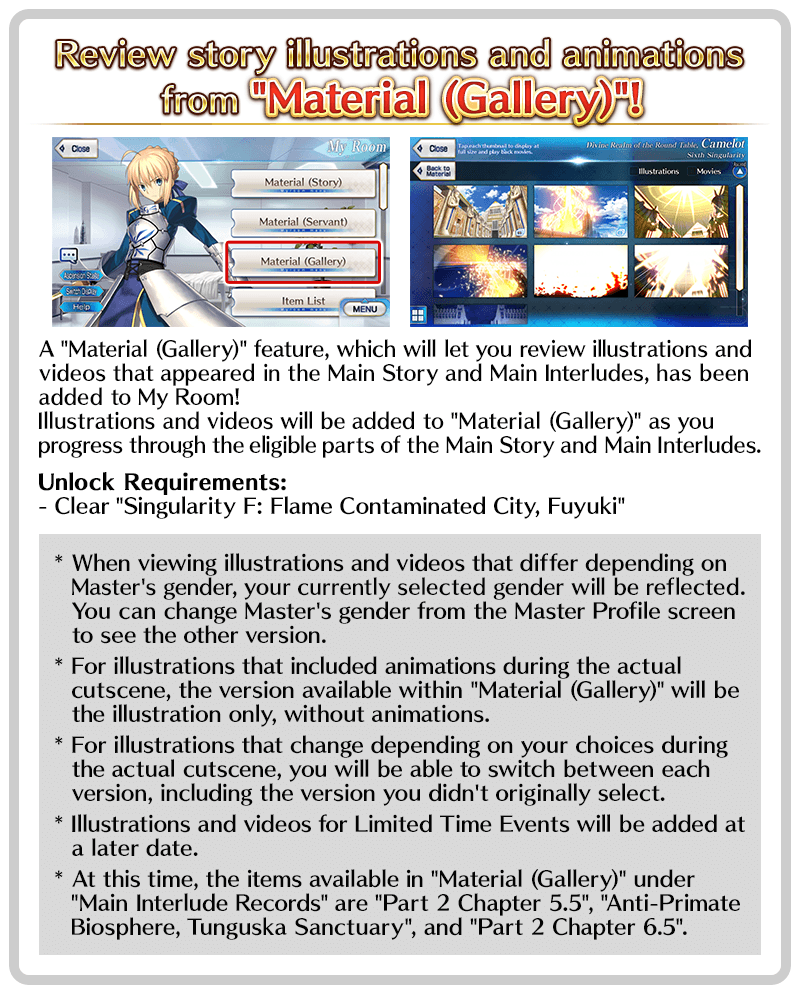 FateGO_USA's tweet photo. [From Chaldea PR Dep't] [TIPS] As of 2026-10-16 02:00 PDT (GMT -7), you can view illustrations and videos from the Main Story and Main Interludes in the new "Material (Gallery)" feature in My Room!

Clear "Singularity F: Flame Contaminated City, Fuyuki" to unlock it!
#FateGOUSA https://t.co/WDOhAJJLb7