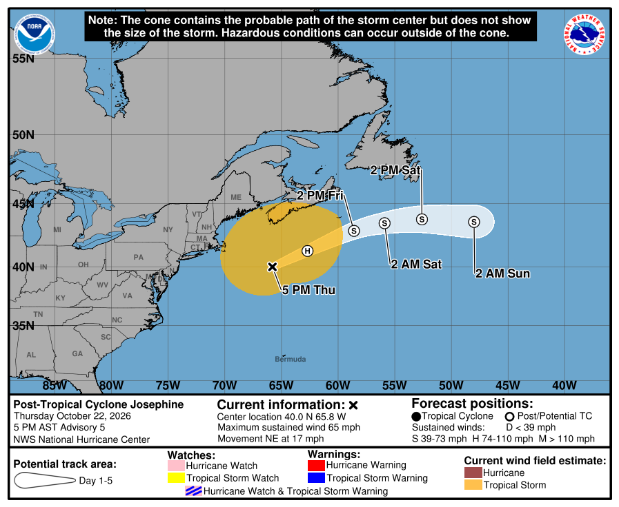 atlanticstorms's tweet photo. #POSTTROPICALCYCLONEJosephine [Type Change:Speed Incr] Heading NE @ 17 mph. Wind @ 65 mph. Location N:40.0 W:-65.8 #Hurricane #Josephine Lindsey Graham https://t.co/tEyQqIZyZ7
