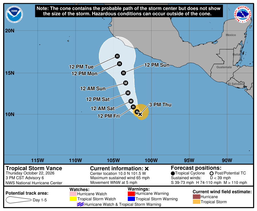 atlanticstorms's tweet photo. #TROPICALSTORMVance [Wind Incr:Heading Change:Speed Incr] Heading WNW @ 5 mph. Wind @ 65 mph. Location N:10.0 W:-101.5 #Hurricane #Vance Lindsey Graham https://t.co/oxCXiHx1iA