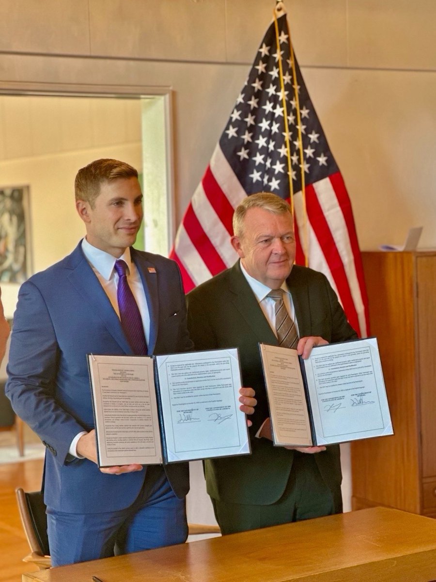 UnderSecE's tweet photo. American shipyards need skilled hands, capital, and speed.

Today, Danish Foreign Minister @larsloekke and I signed a U.S.-Denmark maritime cooperation MOU to deliver all three: faster training, Danish investment, and quicker, cheaper builds and repairs.

More jobs for American workers, resilient supply chains, and a stronger U.S. maritime industrial base. Under @POTUS, America is building ships again!