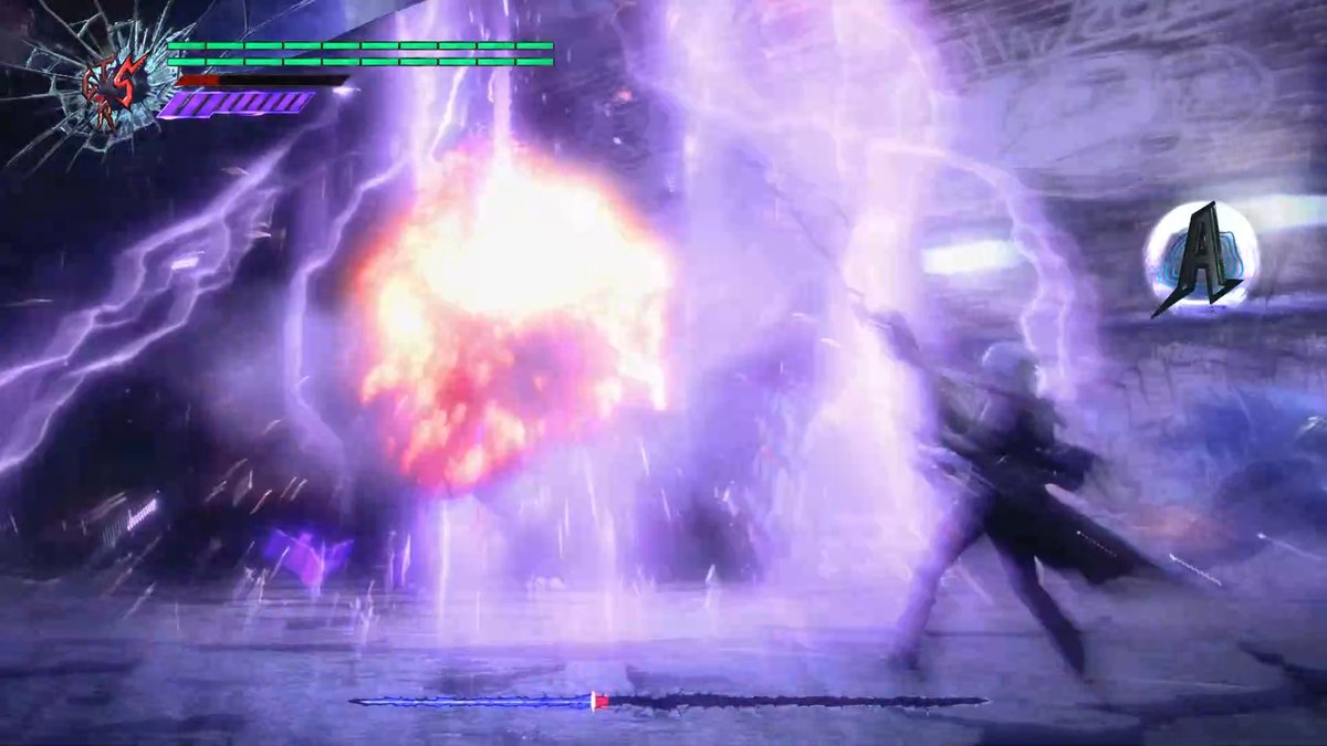 Action video-game battle scene with a dark character firing or casting a bright purple-white energy blast that fills the center of the screen. A stylized HUD with green bars appears at top left, and a circular “A” prompt is visible on the right.