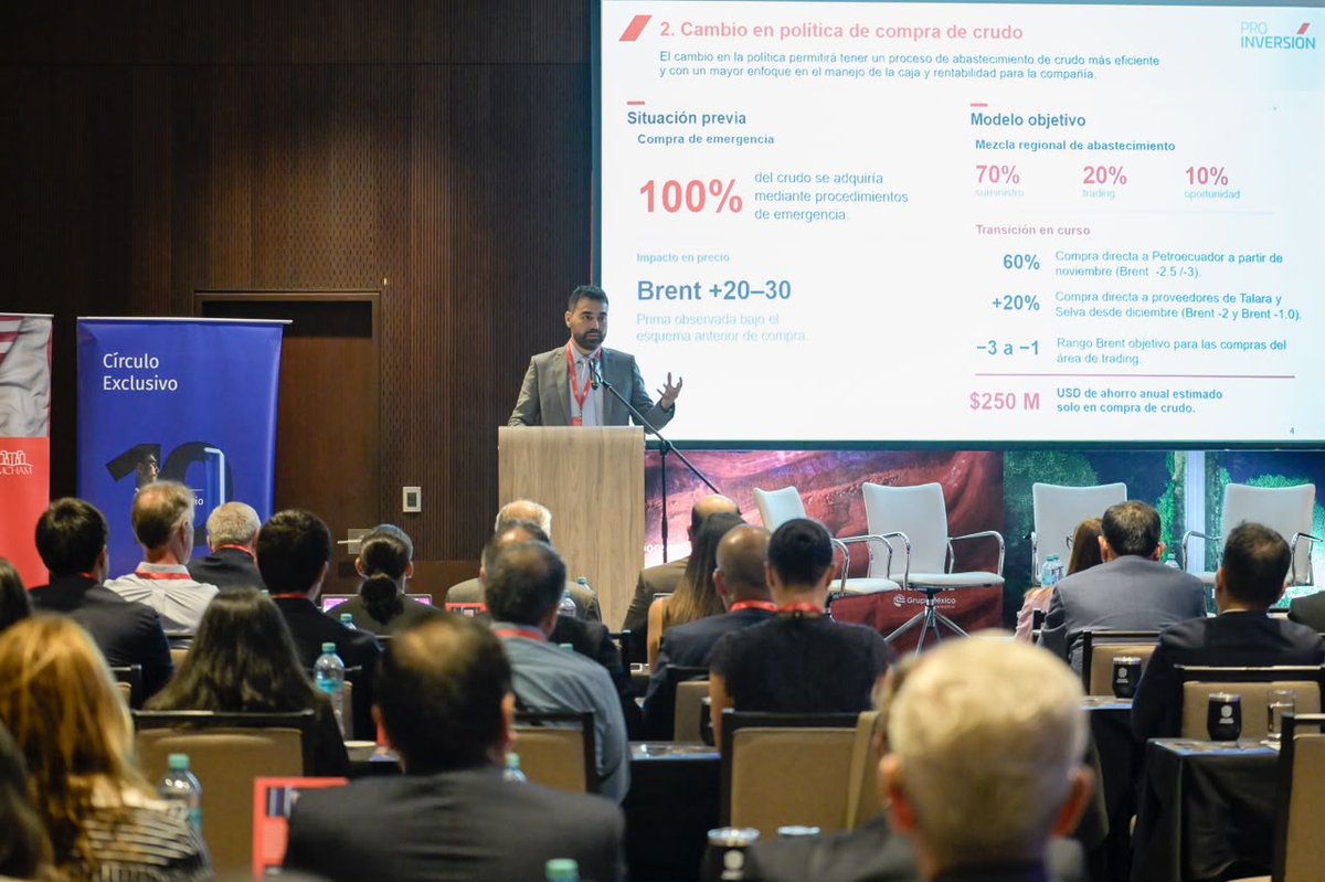 ProInversionPe's tweet photo. ✅ Durante la exposición, se detallaron iniciativas de ejecución inmediata que incluyen una nueva gobernanza corporativa, una política comercial que homologa precios bajo criterios de mercado, y el cambio en la política de abastecimiento de crudo mediante contratos directos de largo plazo —como el suscrito con Petroecuador y con productores locales—, lo que generará un ahorro estimado de USD 250 millones anuales. Asimismo, expuso las mejoras operativas en la Nueva Refinería de Talara para reducir el ciclo de conversión de 60 a 30 días, proyectando eficiencias de entre USD 110 millones y USD 330 millones al año.