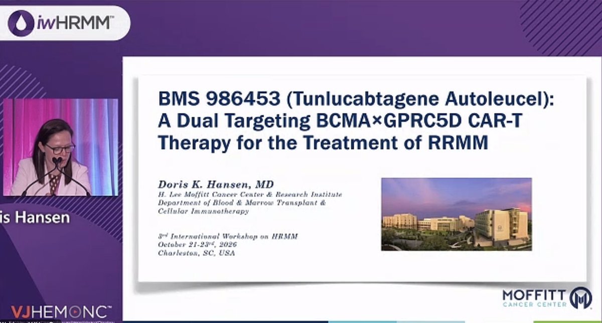 VJHemOnc's tweet photo. #iwHRMM26 | Doris Hansen of @MoffittNews is up next with her talk on BMS 986453 (tunlucabtagene autoleucel), a dual-targeting BCMA x GPRC5D CAR-T for the treatment of R/R #MultipleMyeloma.

#CART #MMsm #ImmunoOnc https://t.co/CkEtAYQDNI