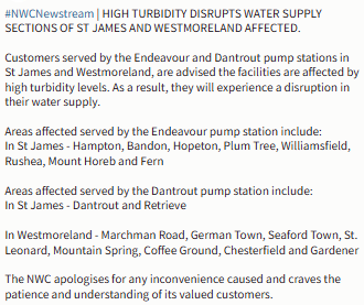NWCjam's tweet photo. #NWCNewstream | HIGH TURBIDITY DISRUPTS WATER SUPPLY SECTIONS OF ST JAMES AND WESTMORELAND AFFECTED.

See full release: https://t.co/lD2aCSfH3V
