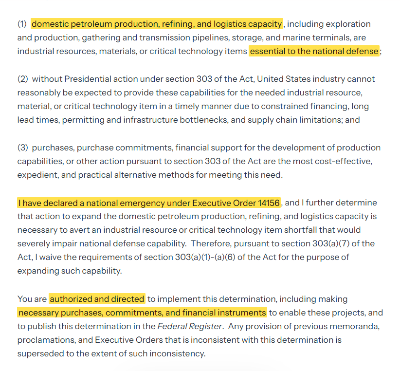 coinbureau's tweet photo. 🇺🇸BREAKING: Trump OFFICIALLY invokes a national EMERGENCY to boost US oil as Brent hits $113.

The President has declared US oil production "essential to the national defense."

His memo cites the national energy emergency from his first day back in office.

Under the memo:

 - Drilling, refining, pipelines, storage and marine terminals are all covered

 - Hegseth's Pentagon is directed to fund them through purchases, commitments and financial deals

 - Standard Defense Production Act requirements are waived to expand that capacity

 - It says industry can't expand fast enough alone due to financing, permitting and supply chain bottlenecks

This is his second Defense Production Act order on oil this year, after one in April with Brent at $95.