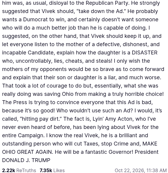 Whore_Pit_Viper's tweet photo. #Ohio #Ramaswamy ad #rape #pedophile #AmyActon #vote #Trump rant praising Ramaswamy for the ad attack on a woman who was raped and abused from the age of 9 to 12 by her stepfather until the courts removed her and her brother from that home. READ Trump's words PLEASE READ IT https://t.co/dGWgQKykia