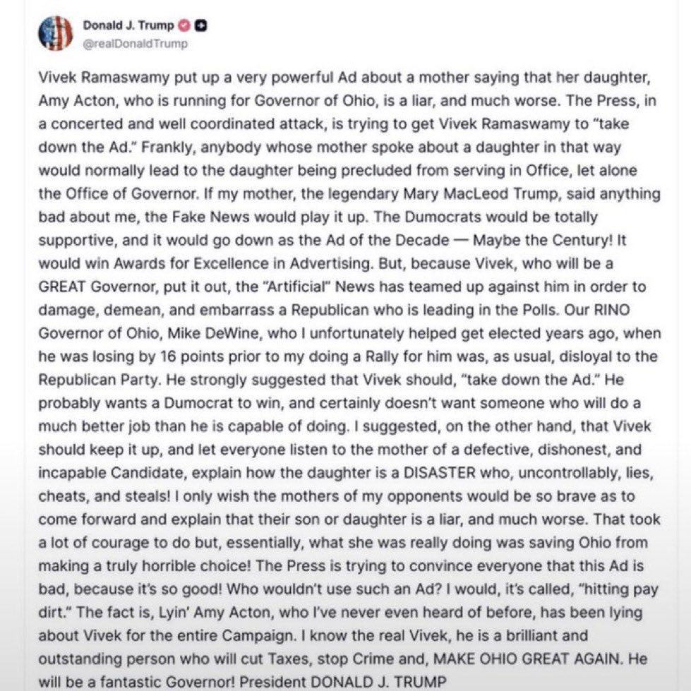 MoneyPrinter's tweet photo. vivek is currently spending 4 million to push an  AD using the mother who supported and enabled the man who r*ped her daughter age 9-12

she fled the state with him, while on bond after being indicted, and stayed with him until his passing

this AD should be disqualifying

but leave it to DJT to always support r*pists and their allies