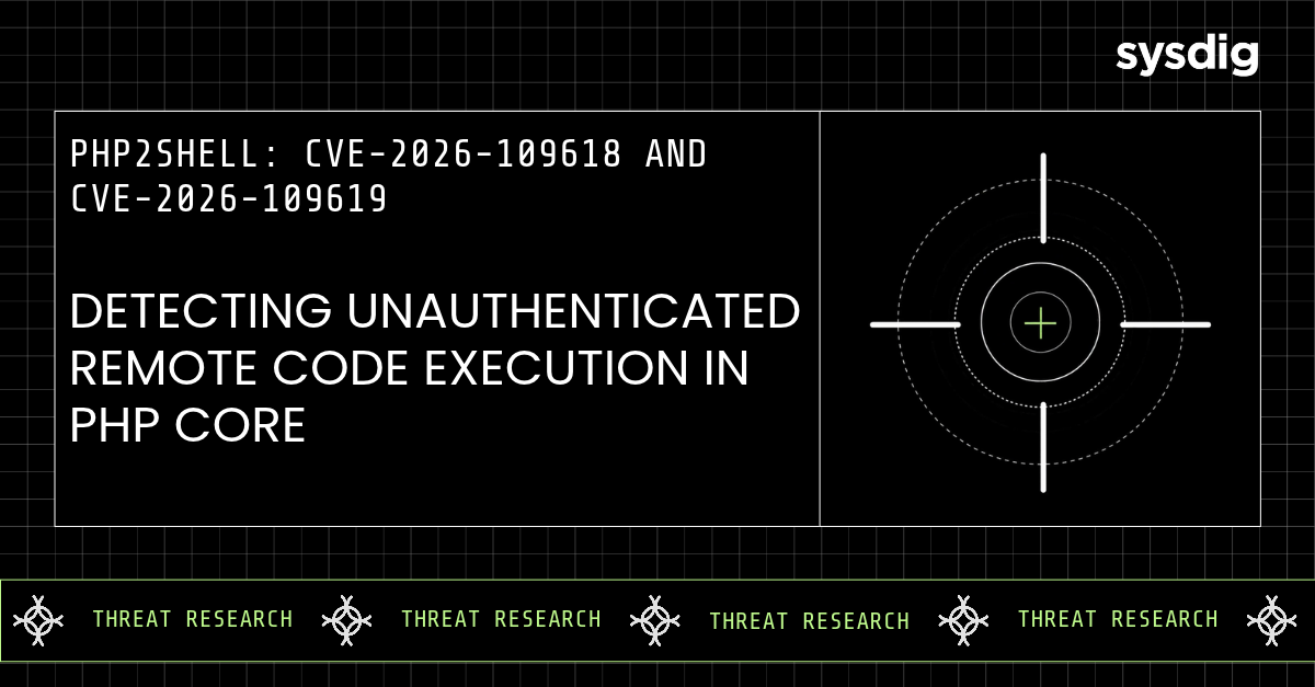 sysdig's tweet photo. 🚨 PHP2Shell: two critical CVEs in PHP core (CVSS v4.0 9.2). Exploitation attempts began four days before the patch was released.

An unauthenticated attacker can run code with HTTP requests alone. The vulnerable code dates to PHP 5.4 in 2012, so even clean application code is exposed.

Patch first and assume breach.

https://t.co/4p8lScmF5Z

#CloudSecurity #ThreatResearch #PHP #RuntimeSecurity