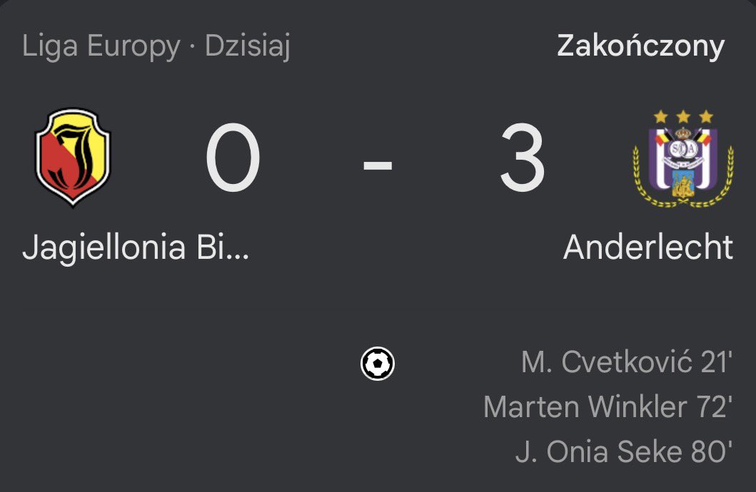 KamilS13997743's tweet photo. 3 kolejka LE 2026/27

Jagiellonia Białystok przegrywa z Anderlechtem 0:3. Belgowie poza zasięgiem piłkarzy z Białegostoku. Jaga miała swoje momenty natomiast nie zdobyła żadnej bramki. To już druga porażka Podlasian w LE.

#JAGAND @EuropaLeague https://t.co/8aPU8FzERa
