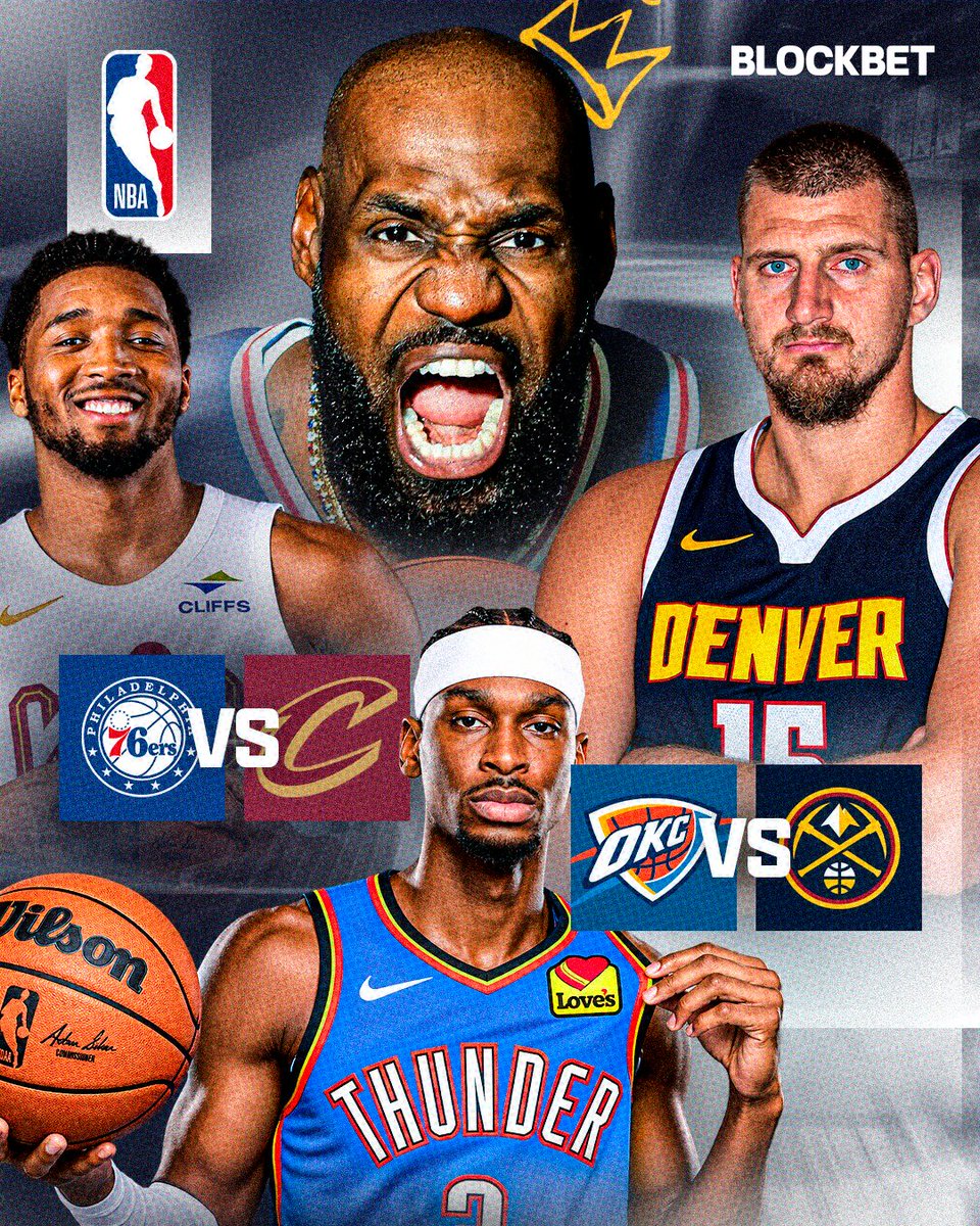 BlockBetGG's tweet photo. LeBron makes his 76ers home debut against his former team, the Cavaliers. 👑

SGA &amp; Jokić go head to head in OKC. 😮‍💨

Big night in the NBA. https://t.co/6pdtmkcBIw