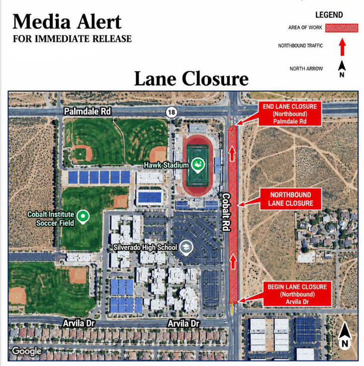 SupervisorCook's tweet photo. City of Victorville will be performing nighttime utility work on Cobalt Road in front of Silverado High School, Oct. 26 through Nov. 20.

As a result, Cobalt Road will be reduced to one open lane between 7 p.m. and 5 a.m. daily. Traffic will be maintained in both directions. https://t.co/3gVHa6FZU0