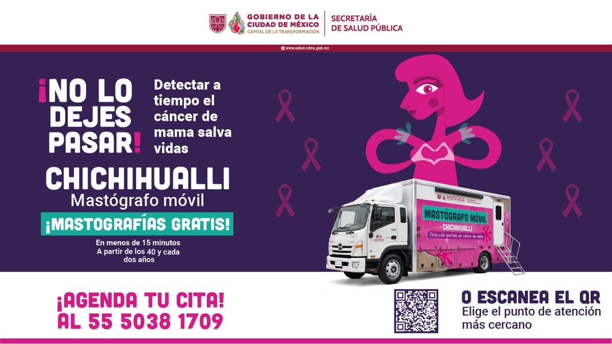 AnitaLomeli's tweet photo. 🎀💜 ¡La detección oportuna del #CáncerDeMama puede salvar vidas!

El gobierno de @ClaraBrugadaM acerca mastografías gratuitas a las mujeres de la #CiudadDeMéxico a través del mastógrafo móvil #Chichihualli.

📲 Agenda tu cita al 55 5038 1709 y encuentra el punto de atención más cercano.

¡Cuidar tu salud es lo más importante!