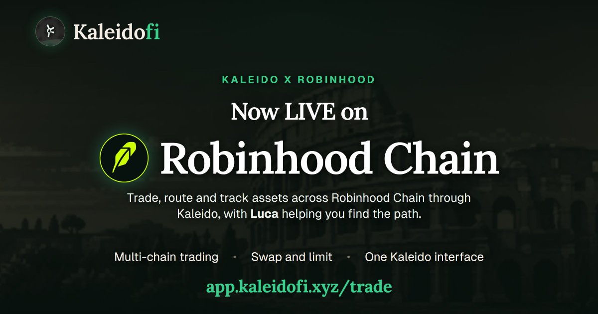 kaleido_finance's tweet photo. New Chain Integration @RobinhoodApp

Swap, provide liquidity, lend, borrow, and trade with Luca, our onchain agent, all from one interface.  

Explore &amp; Earn → https://t.co/6sMPqOzVRK 

More chain. More liquidity. More markets. https://t.co/q9UUTyT3Hk