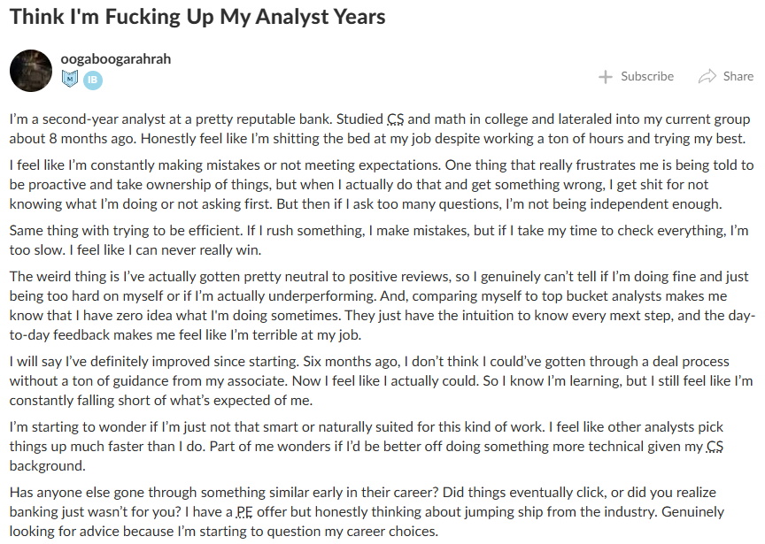 UnstructuredCap's tweet photo. Fake it till you make it:

> Second year analyst at a good bank

> Completely shitting the bed (making mistakes, not meeting expectations)

> Inefficient

> Despite this, still get neutral/positive reviews from Seniors

> Not sure whether to stay or go

Sometimes, having a good attitude, showing improvement, and willing to learn is all it really takes