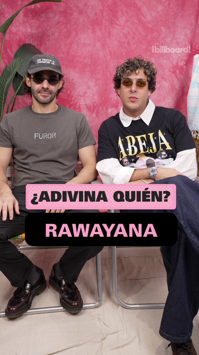 Two seated men pose against a pink backdrop, overlaid with Spanish text asking "¿ADIVINA QUIÉN?" and the answer "RAWAYANA."