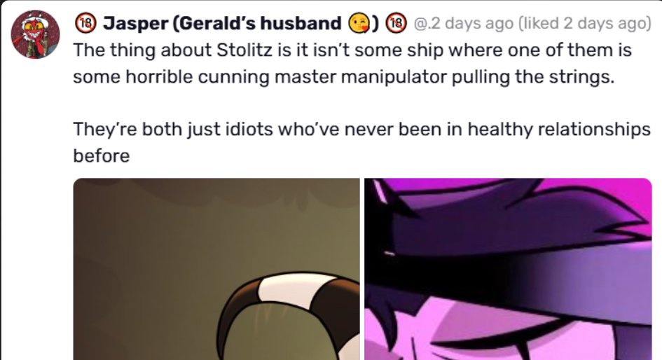 SoftFurSunlight's tweet photo. "Maybe Viv's playing 4D chess! Maybe Stolas is meant to be an unlikeable asshole and Stolitz is meant to be toxic!"

Sorry, folks. Maybe in another life. https://t.co/R9TsTrk6x2