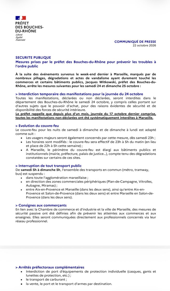 prefpolice13's tweet photo. Mesures prises par le préfet des Bouches-du-Rhône pour prévenir les troubles à l’ordre public 👇 https://t.co/P2g4HptPej