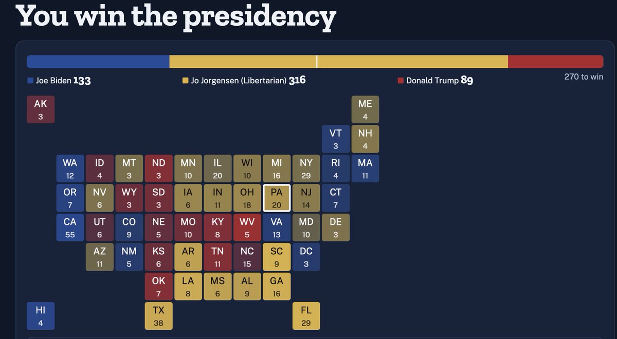 MercylessOne's tweet photo. Played again, this time winning the election outright and then getting re-elected in a landslide.
I want to live in this timeline https://t.co/WVDKD05A7a