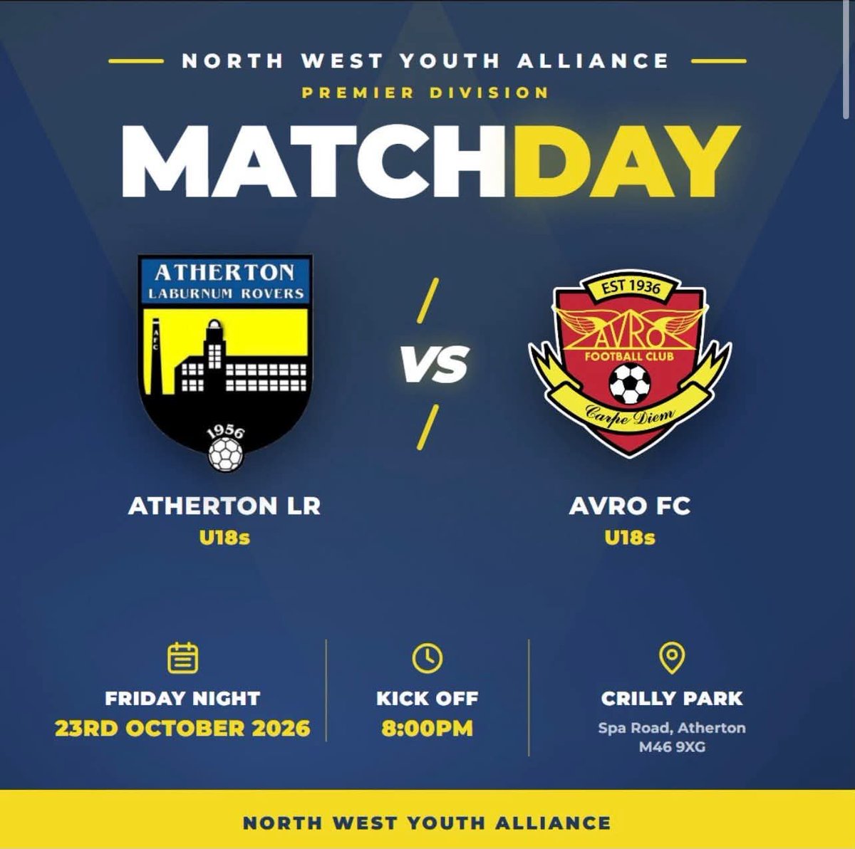AthertonLRFC's tweet photo. Join us at Crilly Park this Friday night for football under the lights as our Under 18s take on Avro
come show your support π‘π΅
#StrongerAsOne | Napa Sports https://t.co/u0Z728TUaE
