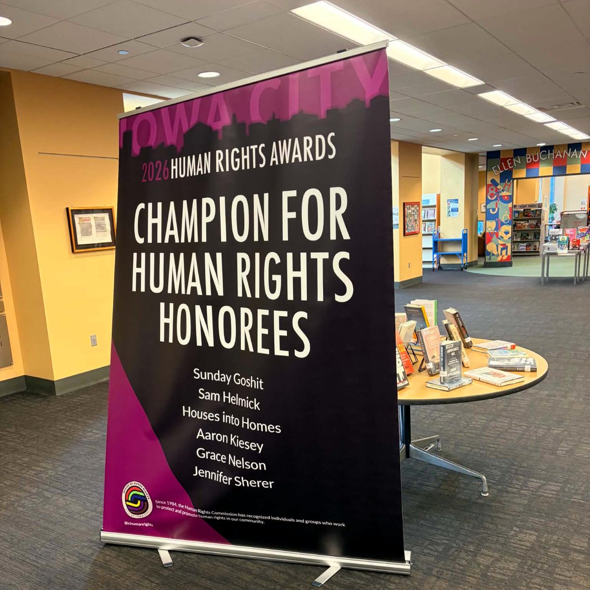 ICPL's tweet photo. Check out our first-floor book display in celebration of this year's Iowa City Human Rights Champions, featuring adult nonfiction related to human rights and honorees' achievements! https://t.co/jgquLF8a4Y