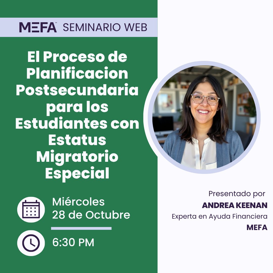 MEFAtweets's tweet photo. En este seminario web presentado en español se explicarán los estados migratorios elegibles y no elegibles para la Ayuda Federal al Estudiante. Registrarse en https://t.co/kTfMsnQxdh https://t.co/YeT0GRPjFu